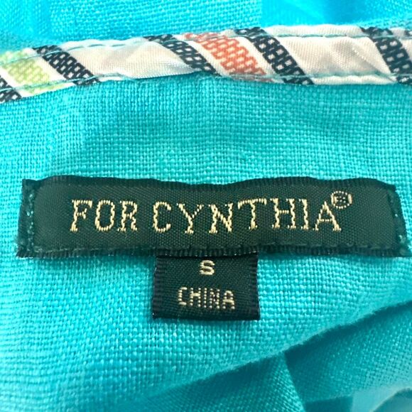 FOR CYNTHIA Teal 100% Linen Boxy Hooded Tunic Top Pockets Womens S Buttons Lagum - Picture 7 of 8